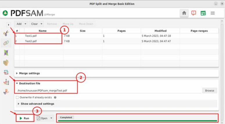 PDF Split and Merge Basic Edition: Merge settings