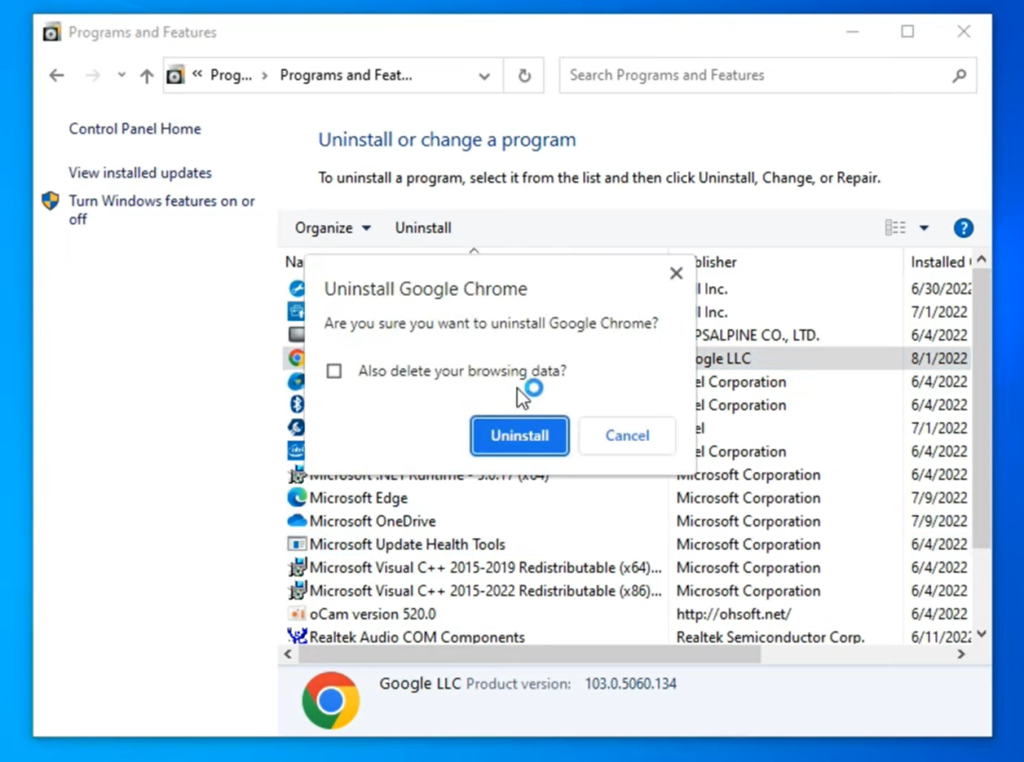 a window of programs and features- Uninstalling Google Chrome