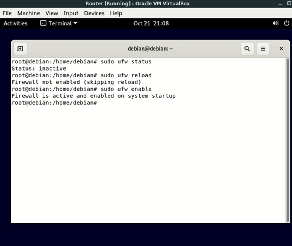 reloading the firewall - window with coding of debian