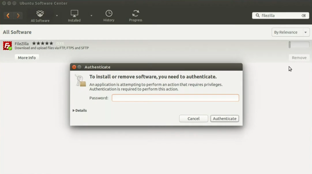 deleting filezilla in ubuntu - authentication process