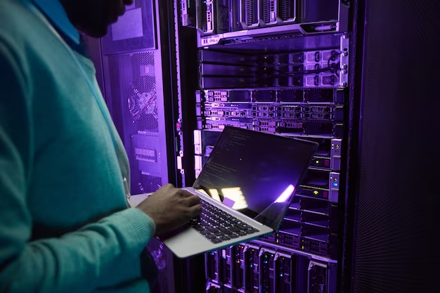 A man standing with a laptop near a server